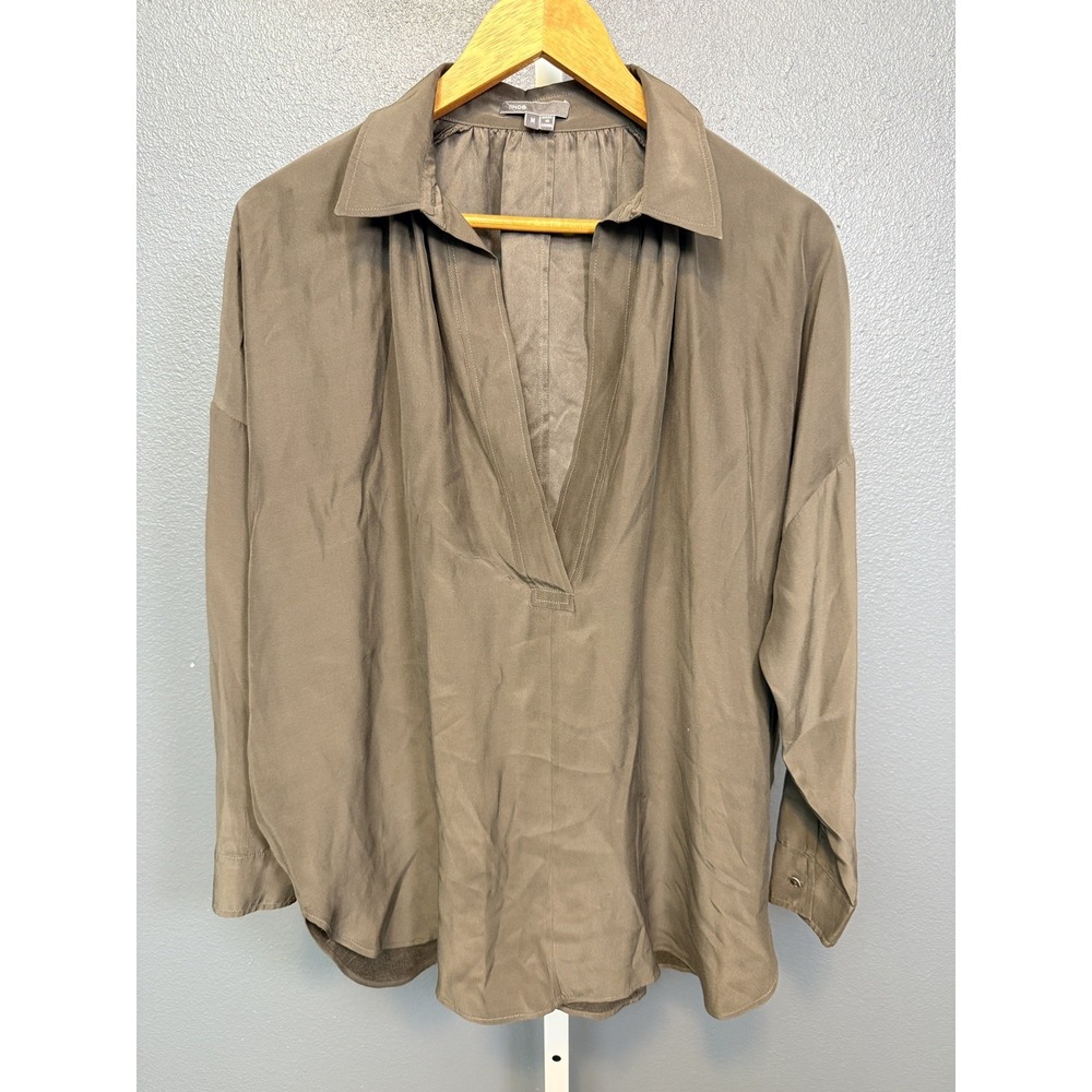 Vince Women Size M Brown Long sleeve Popover  Silk Blouse Top